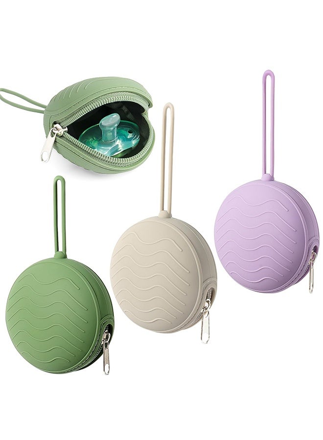 3 Pack Silicone Pacifier Holder Case, BPA-Free Cover Pouch for Baby, Portable Storage Container for Diaper Bag Stroller, Travel Outdoor Activities, Easy to Clean (Green, Grey, Purple) - Image 1